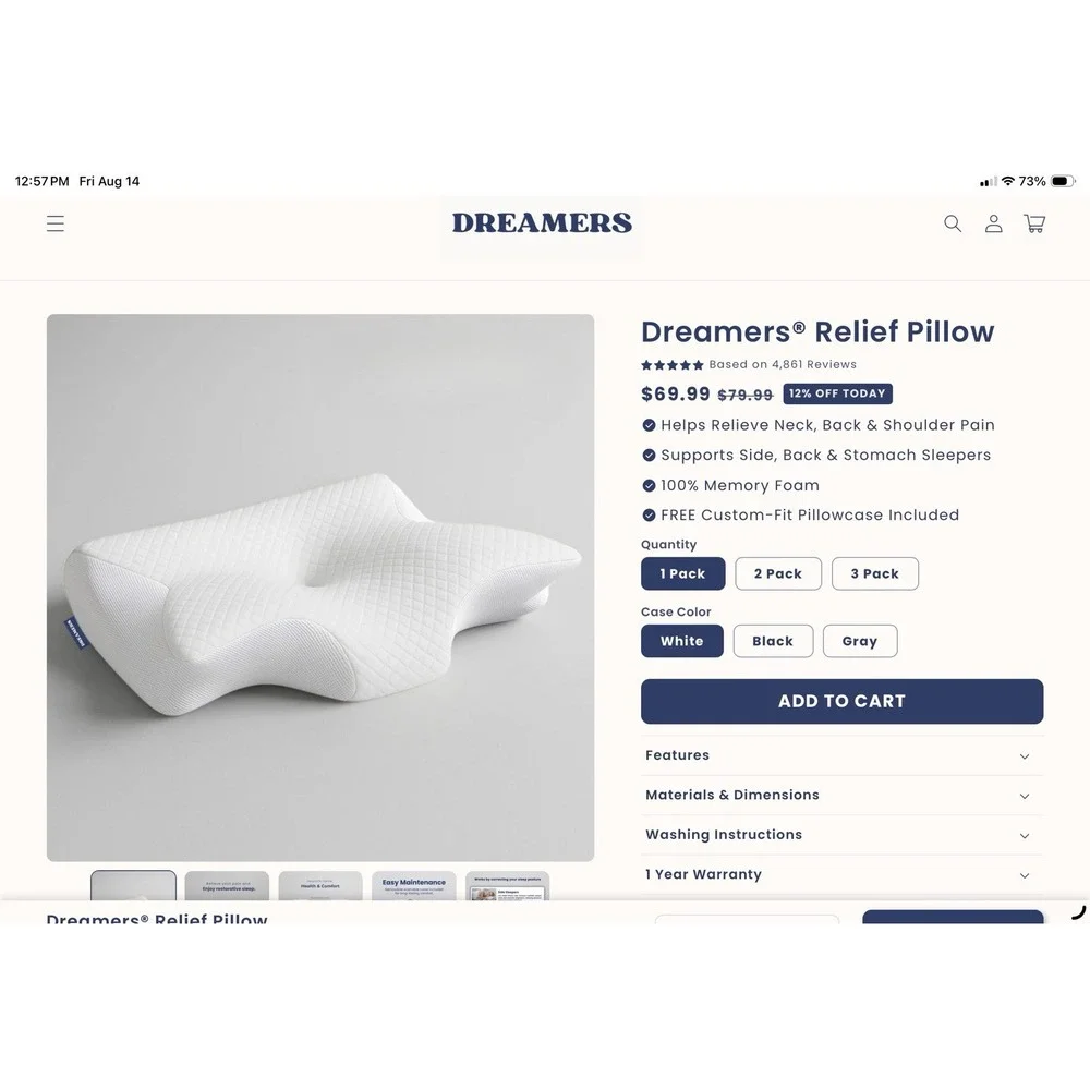 Dreamers Relief Pillow Ergonomic Cervical Neck Pillow Contoured Memory Foam NEW